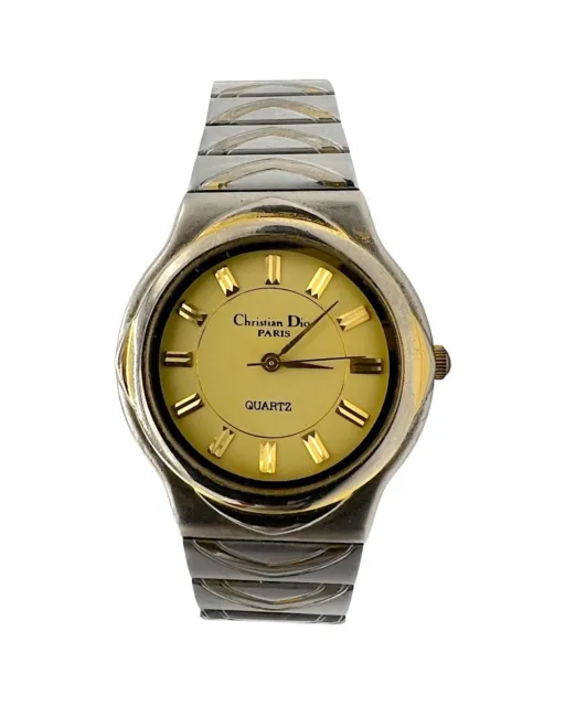 Christian Dior Watch Silver 18k Gold Plated Round Metal Vintage Wristwatch Swiss