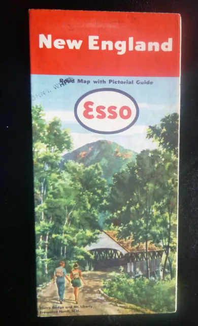 1951 New England road map Esso oil gas pictorial guide Hume Bridge Mt. Liberty