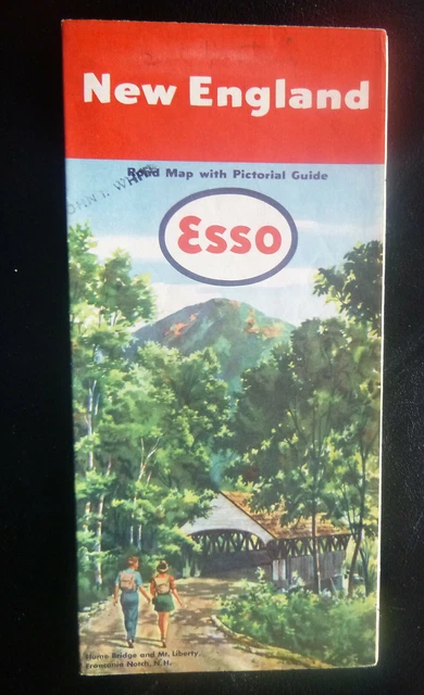 1951 New England road map Esso oil gas pictorial guide Hume Bridge Mt. Liberty