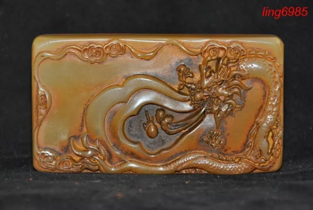 China Shoushan Stone Carved Loong dragon statue ink-stone ink slab Inkwell box