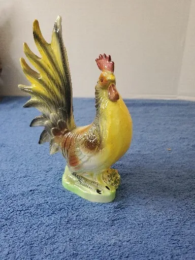 Vintage MCM Colorful Hand Painted Ceramic Porcelain Rooster Yellow Green Statue