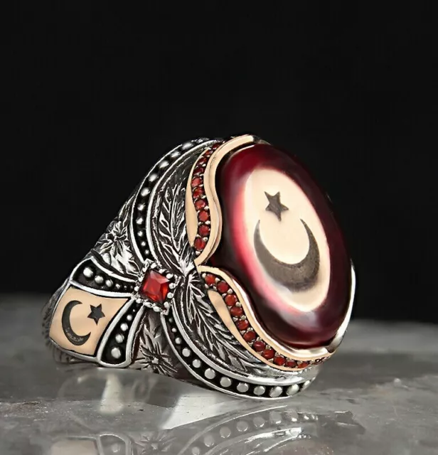 TURQUE DRAPEAU HOMME Bague 925 Argent Sterling Handmade Rubis