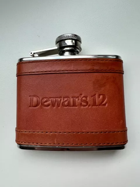 Dewars 4 Oz Small Scotch Whiskey Pocket Flask Brown Leather and Stainless Steel 2