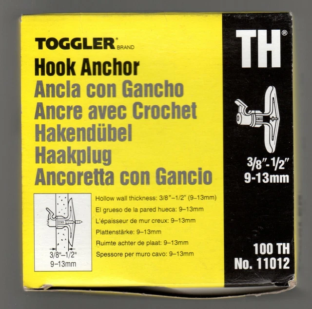 TH Toggler Hook Anchor 100 Count No. 11012, 9-13mm, 3/8" - 1/2" Hollow Walls NEW