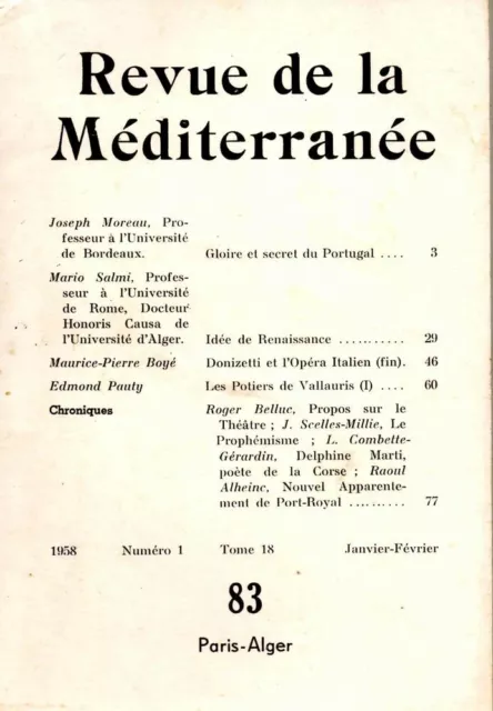 Revue de la méditerranée N°1 Tome 18 - 1958 | Collectif | Bon état