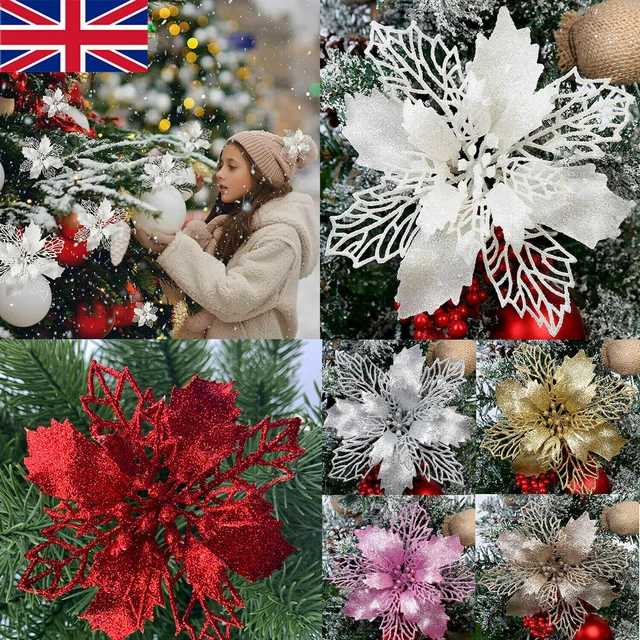 10X Christmas Large Poinsettia Glitter Flower Tree Hanging Party Xmas Decor UK