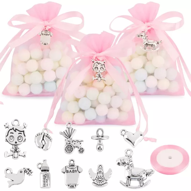 50pz Sacchetti Battesimo Bomboniere Bambina Rosa 50pz Ciondoli Battesimo (h3G)