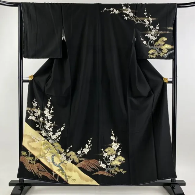 Woman Japanese Kimono Houmongi Synthetic Fiber Plum Blossom Bamboo Foil Black