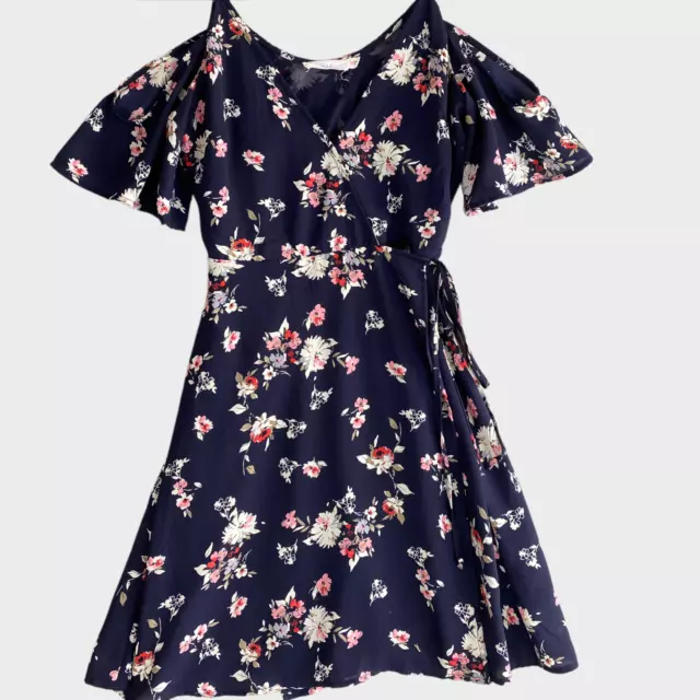 Lush Womens XS Navy Blue Floral Wrap Cold Shoulder Dress Polyester