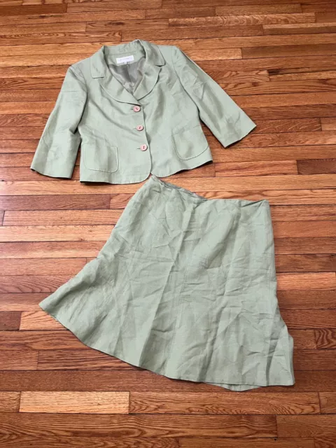 Jones New York Womens Skirt Suit Set Size 12 Green Linen Rayon Blazer Jacket