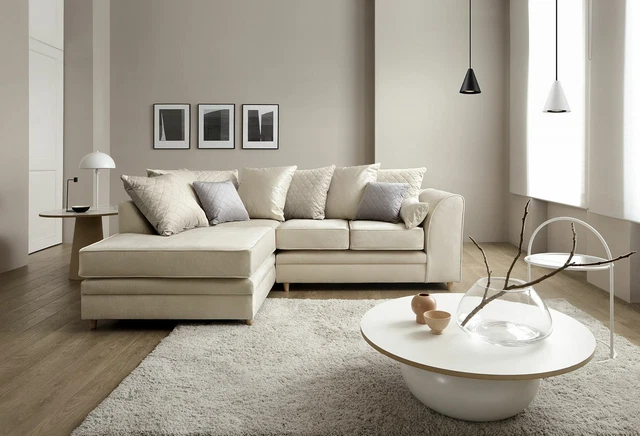 Chicago Velvet Corner Sofa Settee in Cream Water Repellent Easy Clean Fabric