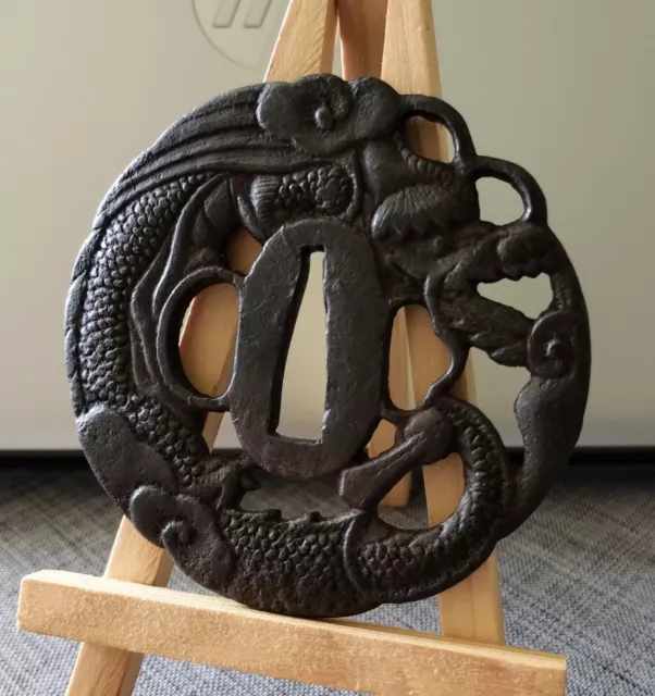 Large Sukashi Tsuba Dragon Clouds Eisen - Iron - Japan Antik Edo Samurai