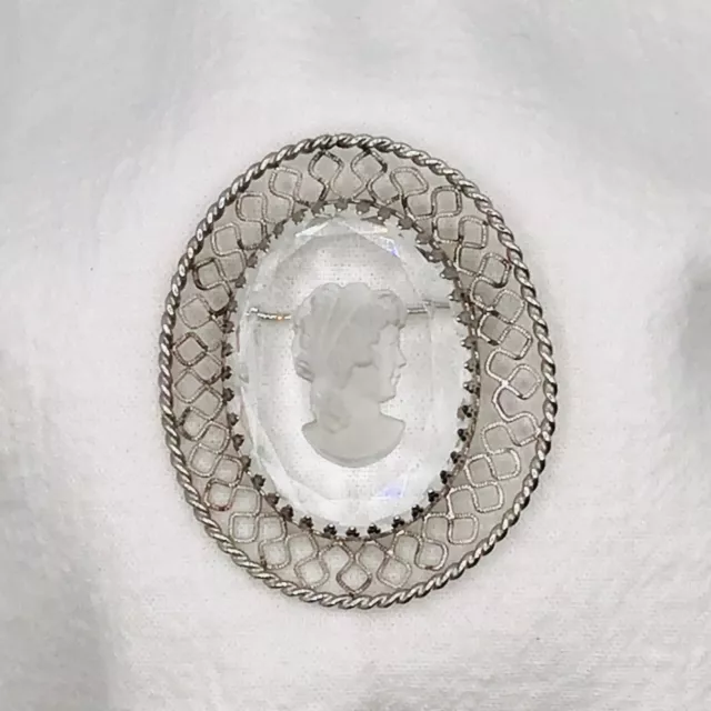 VINTAGE CAMEO BROOCH Filigree Clear Glass Lady Portrait Pin Detailed ...