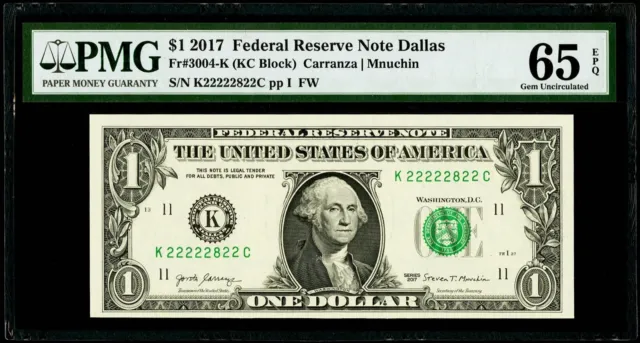 $1 2017 Federal Reserve Note Dallas "Near Solid #2" Fr#3004-K PMG 65 EPQ Gem UNC