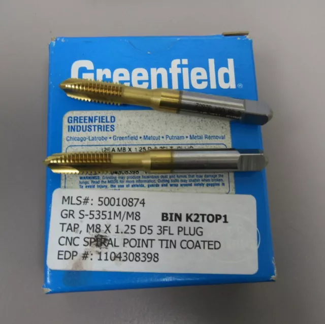 2 # Greenfield     M8 X 1.25 Cnc Spiral Point Tin Coated Tap Quantity  Two Taps