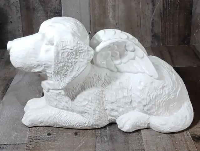 LARGE 15×9x8 LAYING PUPPY DOG GUARDIAN ANGEL STATUE SCULPTURE WHITE CERAMIC 5