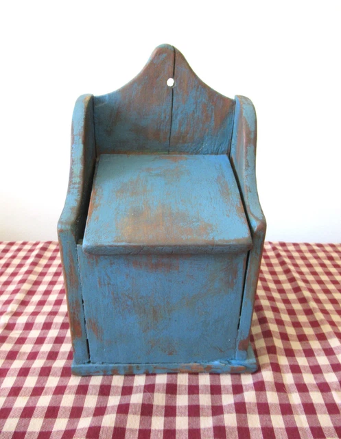 Antique Hanging Salt Box, Circa 1920, Vintage Primitive, Blue Paint, Lift Lid