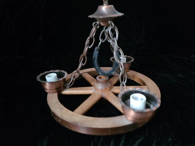 Vintage Wagon Wheel 3 Light Chandelier  Underwriters Lab  Wood Copper