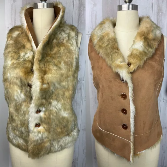 Vintage 1980s Boho Faux Fur Brown Suede Reversible Vest XL