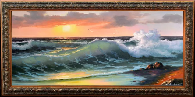 Extra large seascape "Ocean surf at sunset" listed artist oil painting on canvas