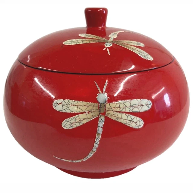 Decorative Wooden Red Bowl With Lid Lacquered & Inlaid Dragon Fly Egg-Shell
