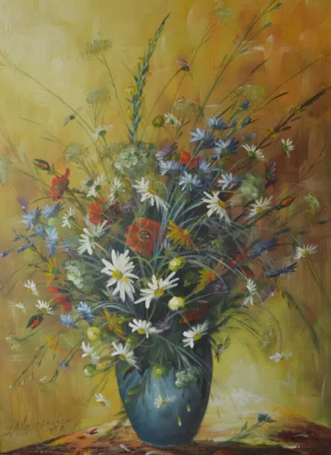 Tableau huile sur toile signé Henri Moreillon,1978, Bouquet de fleurs des champs