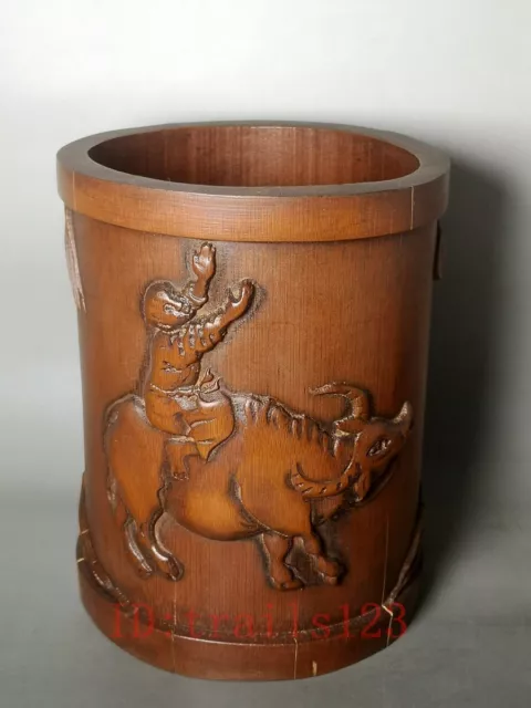 6.6”  Old Chinese Bamboo Hand Carved boy ride cow ox brush pot Table ornament