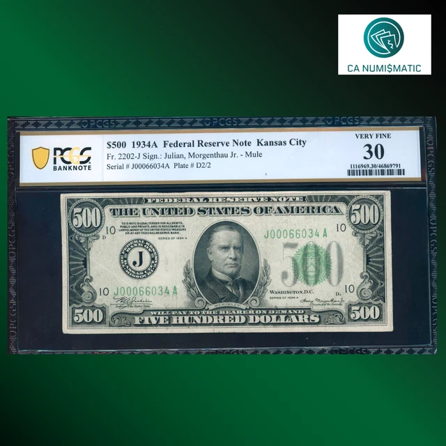 Fr.2202-J 1934A $500 Federal Reserve Note Kansas City, PCGS 30, 66034