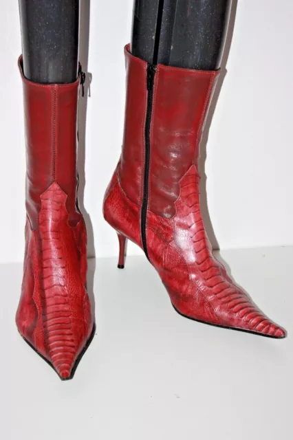 SAN MARINA  Bottines Pointues Cuir Motifs Reptiles Framboise T 39 TBE 3