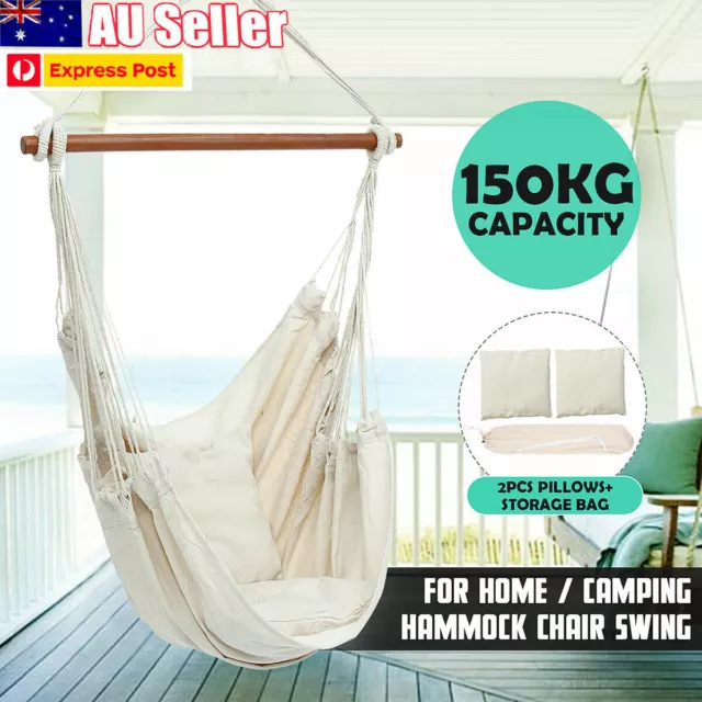 2Pillow Hammock Chair Swing Hanging Rope Seat Chair Indoor Outdoor Patio Camping