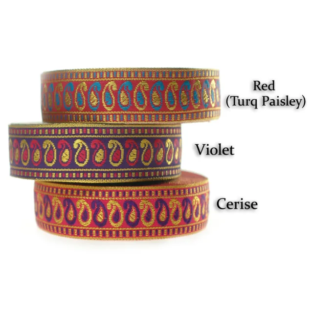Neotrims Indian Paisley Sari Ribbon Metallic Gold Pink Purple Red 2cm for Crafts