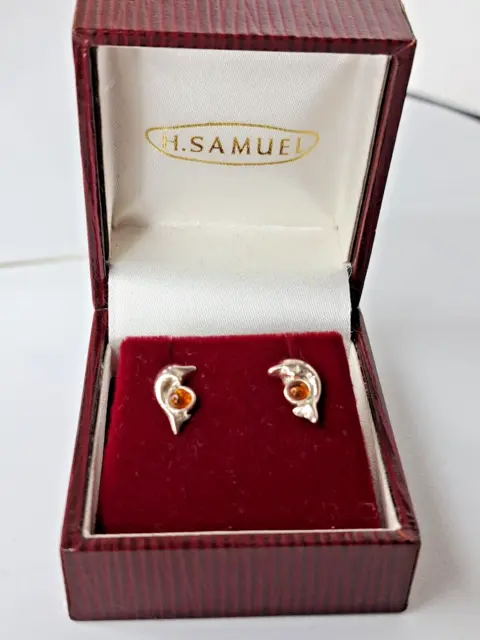 Delicate Pair Of Amber And Sterling Silver Ladies Dolphin Earrings Bnib
