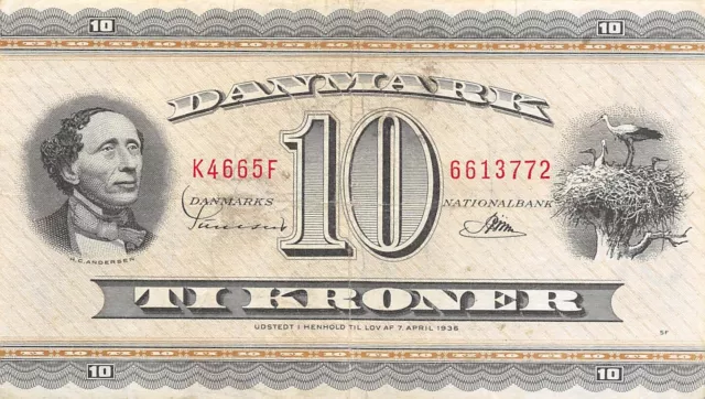 Denmark  10  Kroner  1966  Series  K - F  Circulated Banknote Top1