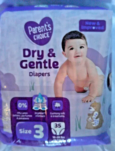 Parent's Choice Size 3 Dry & Gentle Diapers Wiggle Proof Leak Barrier 35 Count