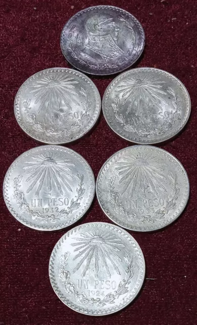 All 6 Brilliant Au / Bu Mexico Silver Pesos: 1924 - 1963 For 1 Low Price!