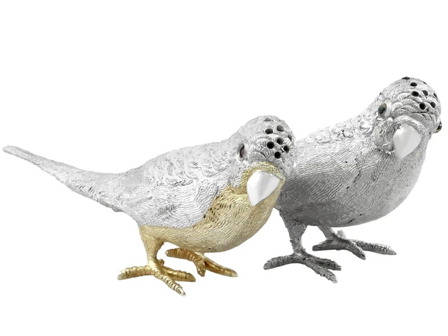 Shakers Pepe Argento Sterling Budgerigar Antico Edoardiano