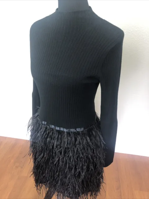 Tyler Boe S 2/4/6 Ostrich Feather Sheath Dress Rib Knit Mock Neck Slimming Black