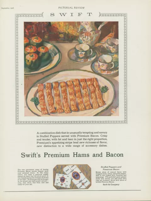 1928 Swifts Bacon Premium Ham Recipe Stuffed Peppers Platter Vtg Print Ad PR2