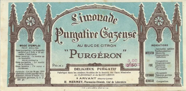 étiquette limonade "Purgéron" à l'eau minérale de Saint-Géron (Haute-Loire)