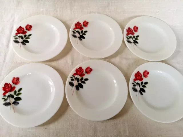 JAJ Pyrex June Rose side cake plates x 6 milk glass Dessert 16.5cm Vintage VVGC