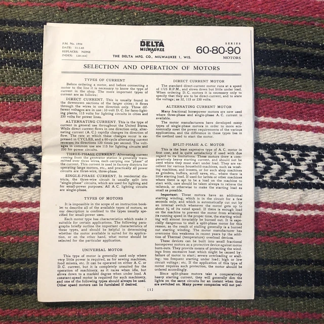 Delta Milwaukee Selection & Operation Of Motors Series 60-80-90 Motors PM# 1554