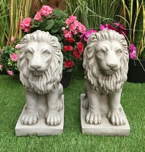 Pair Of Stone-cast Bavarian Lion Garden Ornaments Gate Post by DGS Statues UK