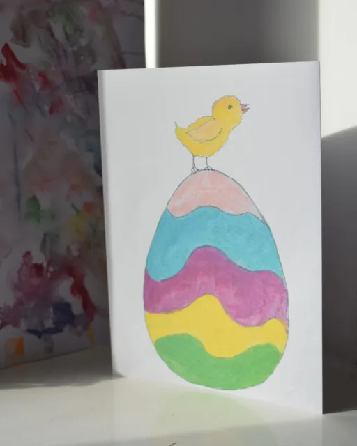 Chicken Chick on Top of Painted Easter Egg - Handmade Design Greetings Card