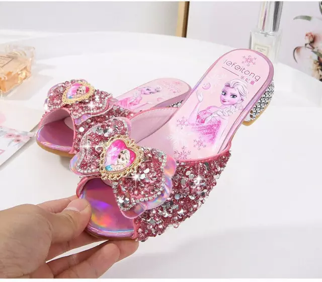 Elsa Kids Girls Princess Holiday Party Rhinestone Bow High-Heeled Slipper