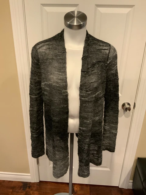 Eileen Fisher Gray Striped Wool/Mohair Blend Open Front Cardigan, Size Small