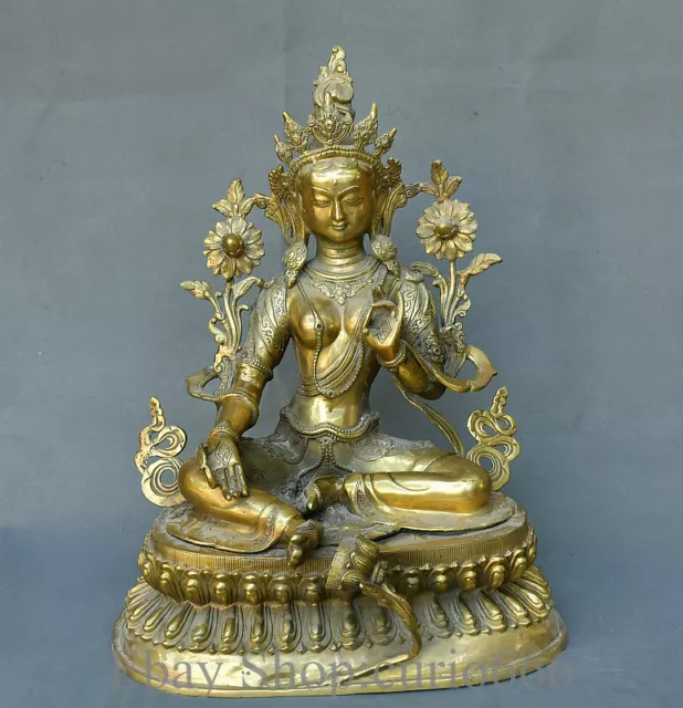 19" Old China Copper Temple Green Tara Enlightenment Goddess Sculpture