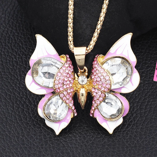 Betsey Johnson Enamel Crystal Cute Butterfly Pendant Sweater Chain Necklace Gift