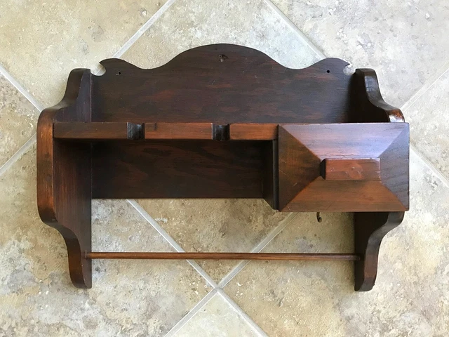 Hand Made Vintage Solid Wood Wall Shelf + Towel Dowel Rod & Drawer 13 x 16 x 5"