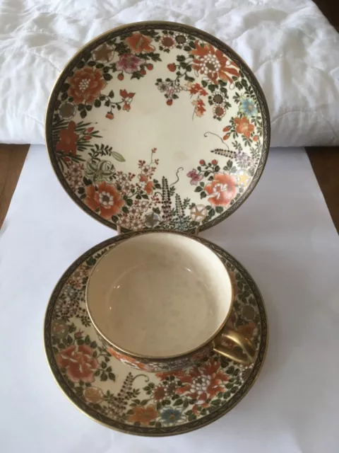 Antique Satsuma Cup, Saucer and Plate - Floral Design