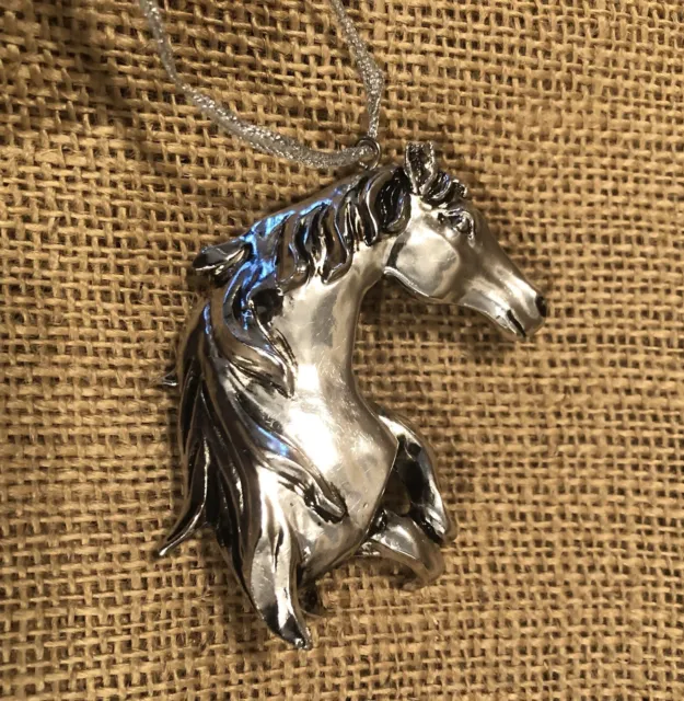 Horse Head Flowing Mane Silver ornament 3"